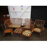 Ercol 2 seater sofa, 3 armchairs, rocking chair and footstool (All have no cushions as seen in