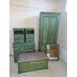 Stained pine bedroom furniture set to include wardrobe, blanket box, chest of drawers, pair of