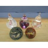 5 Glass paperweights to include Caithness crystal
