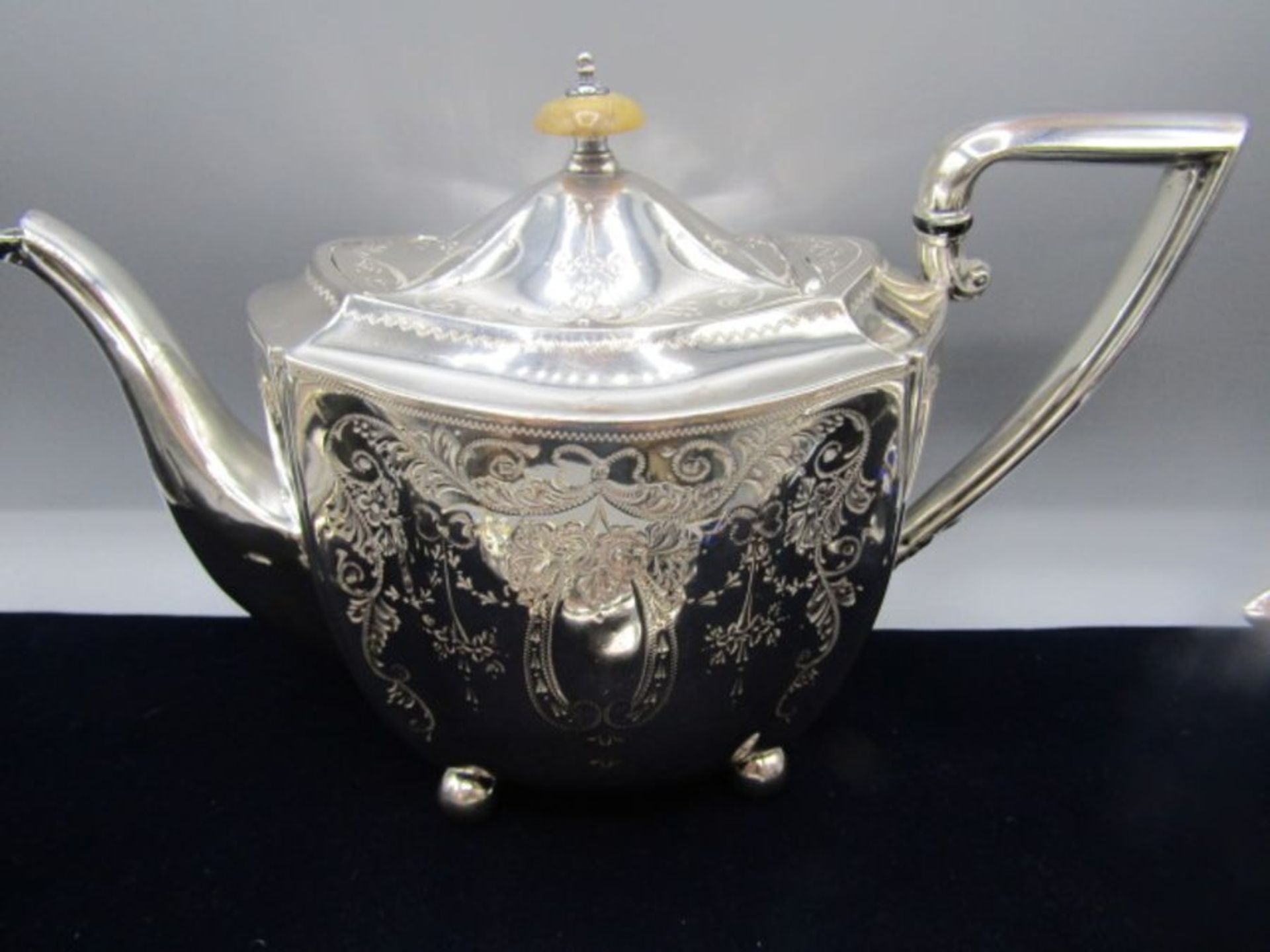 Silver spoon, Silver plate teapot, jug and sugar bowl, Pewter letter opener and condiment pots, 2 - Image 5 of 11