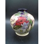 Moorcroft Ophelia's flowers pattern squat narrow neck vase design by Vicky Lovatt, impressed and