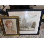 John Fullwood etching, portrait of a lady and a pair of watercolours