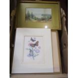 A Victorian watercolour signed Stacey, Christopher Bacon Cley Mill print, embroidery and other