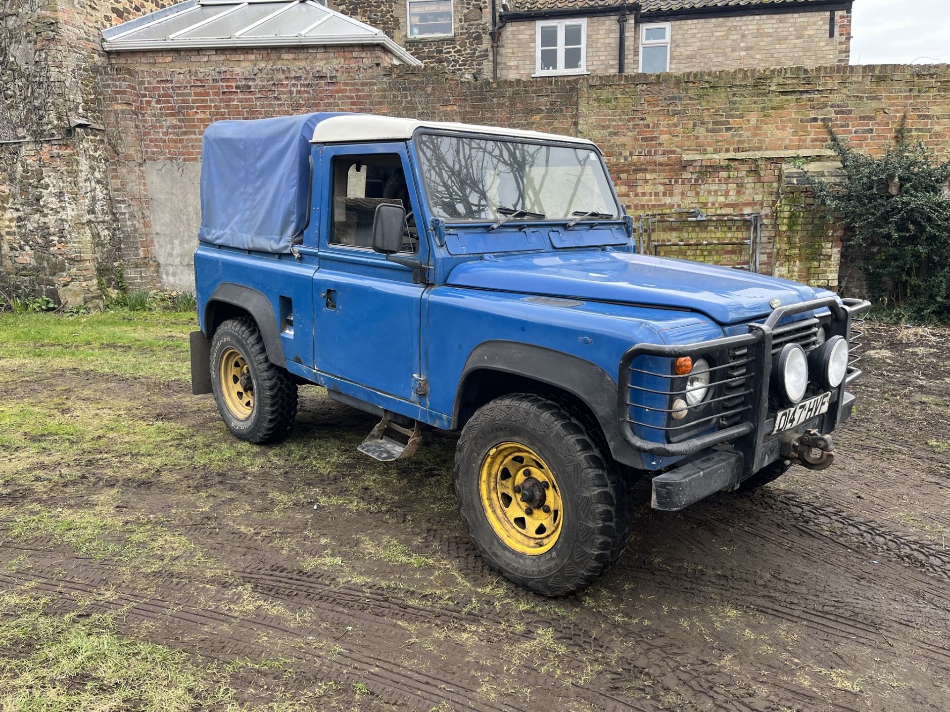 1992 Land Rover Defender, SWB pickup, blue complete with spare wheels and a heavy duty winch in