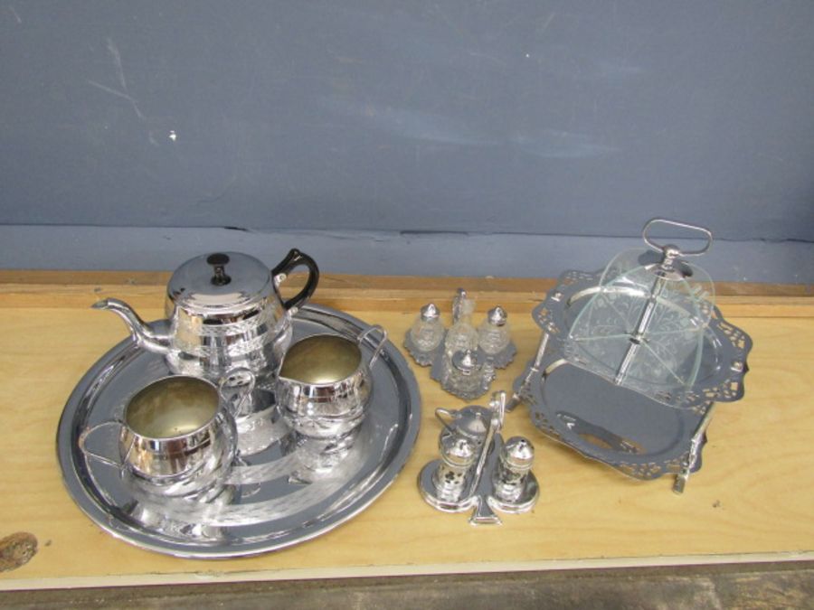 Tea set with tray, condiment sets and cake stand