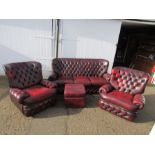 Ox blood red leather 'Thomas Lloyd'  chesterfield style 3 seater sofa, 2 recliners and storage