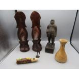 Treen  bookends, a figure of a man, whistle, bird, pot and box