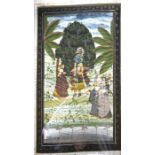 A pair 20th century Indian silk paintings of Krishna and his ladies