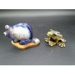 Cloisonne Frog on wood stand plus a bejewelled frog trinket box (missing one jewel eye)