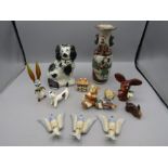 German figurines, Staffordshire dogs, glass animal etc