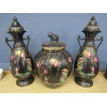 3 hand painted Chinese black lidded vases  one lid is a/f