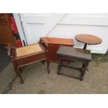 Furniture to include piano stool, oak fold out table and tilt top side table etc