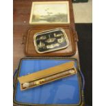 Big Ben cigar in box,Oak tray, various trays, a print of ducks and a vintage mirror