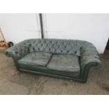 Green leather Chesterfield style button back 3 seater sofa