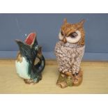 Sir Ramikins of Norfolk ceramic Owl H31cm approx and fish Gluggle jug (has chip as pictured)