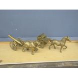 2 Heavy brass horses, one with cart, the other with canon L45cm approx