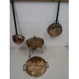Copper cooking pot on stand and 2 others