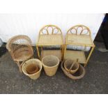 Bamboo side tables, wicker childs chair and baskets