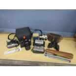 Vintage cameras, binoculars and tripods etc