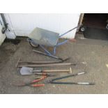 Wheelbarrow and garden tools