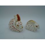 2 Royal Crown Derby Rabbit Paperweights to incl Red Rabbit and Baby Red Rabbit, both with gold