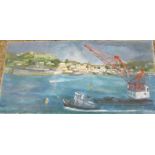 Theresa D' Elia (1918-2011)oil on canvas of a harbour scene .Listed artist 89x44cm