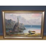 Framed signed oil on canvas of a coastal scene 64cm x 92cm approx
