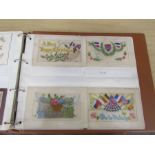 Postcard album to include Victorian Christmas cards and WW1 silk postcards etc