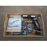 Wooden crate of tools to include saws and vintage Stanley drill etc