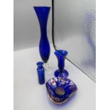 Bristol blue vase, bottle and dish