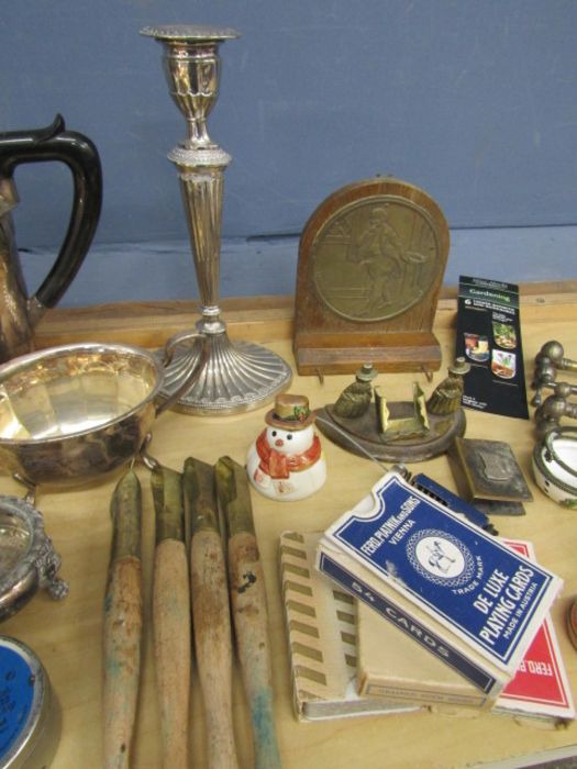 Silver plate tea, sugar, milk set, candlestick and various collectables - Image 4 of 7