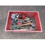 Crate of tools to include chisels, hammers and axe etc