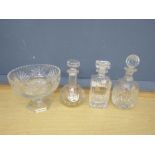 3 glass decanters, one with Coalport Sherry label and footed bowl