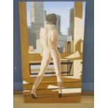 Signed oil on canvas of a naked lady overlooking cityscape (Some cracking of paint as seen in