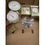Travelling clock, 2 carriage clocks, alarm clock and a novelty aeroplane clock (missing wheel)