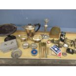 Silver plate tea, sugar, milk set, candlestick and various collectables