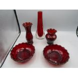 2 Cranberry vases by A. Hocking plus 2 dishes and vase