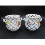 Pair of Dresden floral lattice jardinieres with applied flowers and shaped side handles, approx 9.