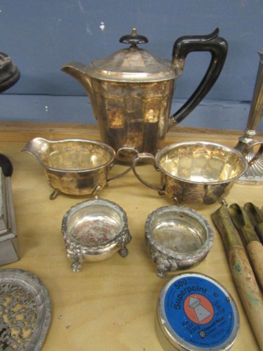 Silver plate tea, sugar, milk set, candlestick and various collectables - Image 3 of 7