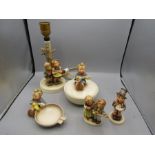 Goebel Hummel lamp, lidded pot, trinket dish figure and 2 figurines  Lamp is a/f broken with a