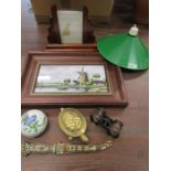 Collectors lot to include Westraven delft framed tile, vintage opera glasses, enamelled paper knife,