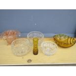 Amber bowl and candle holder, pink vase and frog and 3 crystal bowls