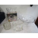 Large glass dish, boxed glass dish with etched detail, vases and lidded dish