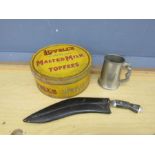 Kukri knife, vintage toffee tin and naked lady beer tankard