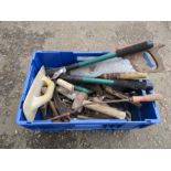 Crate of tools to include lump hammer and loppers etc