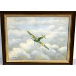 Kevin Cox oil on canvas study of Spitfire in flight. Framed 47cm x 37cm approx
