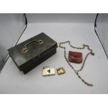 Metal cash tin (no key and locked), Rosary beads and 2 lighters