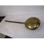 18th Century brass warming pan with wooden barley twist handle 114cm long