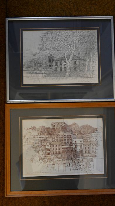 Kevin Shicken, Norfolk artist two framed detailed drawings of Norwich street scenes including St.