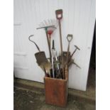 Garden tools to include shovels and forks etc in vintage tea chest